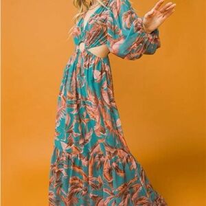 Blue and Pink Maxi Sundress with Plunge Neckline
